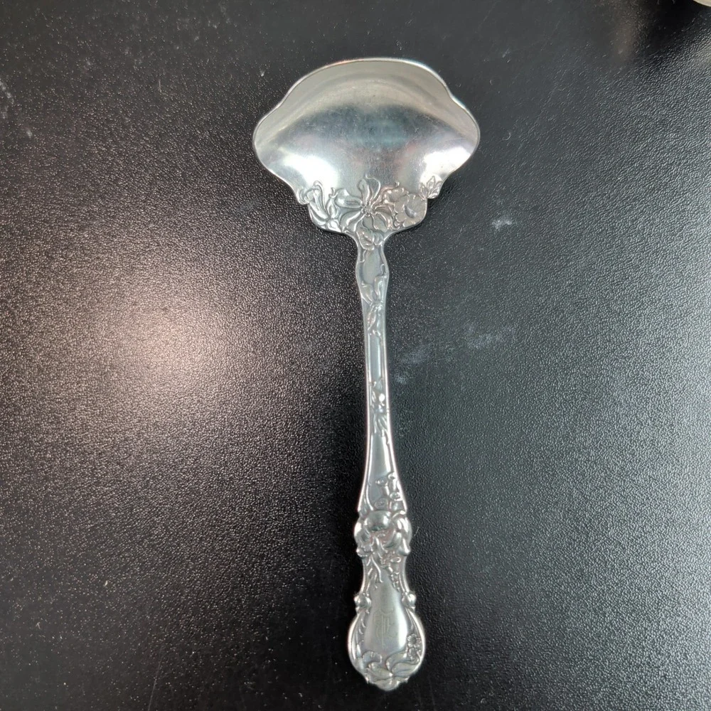 1835 R Wallace Silver Plate Sugar Shell Spoon  Floral Scalloped Monogram